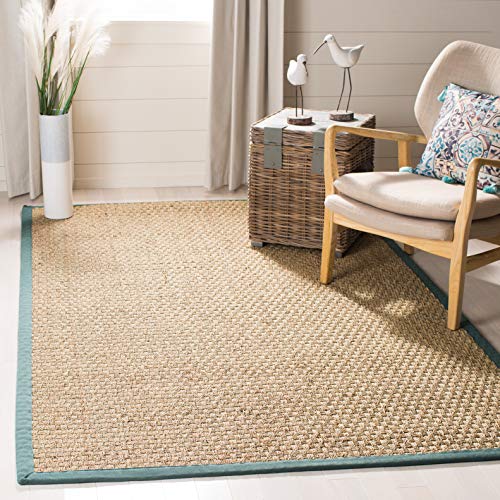 Safavieh Natural Fiber Collection NF114M Basketweave Natural and Light Blue Summer Seagrass Square Area Rug (8 '스퀘어)