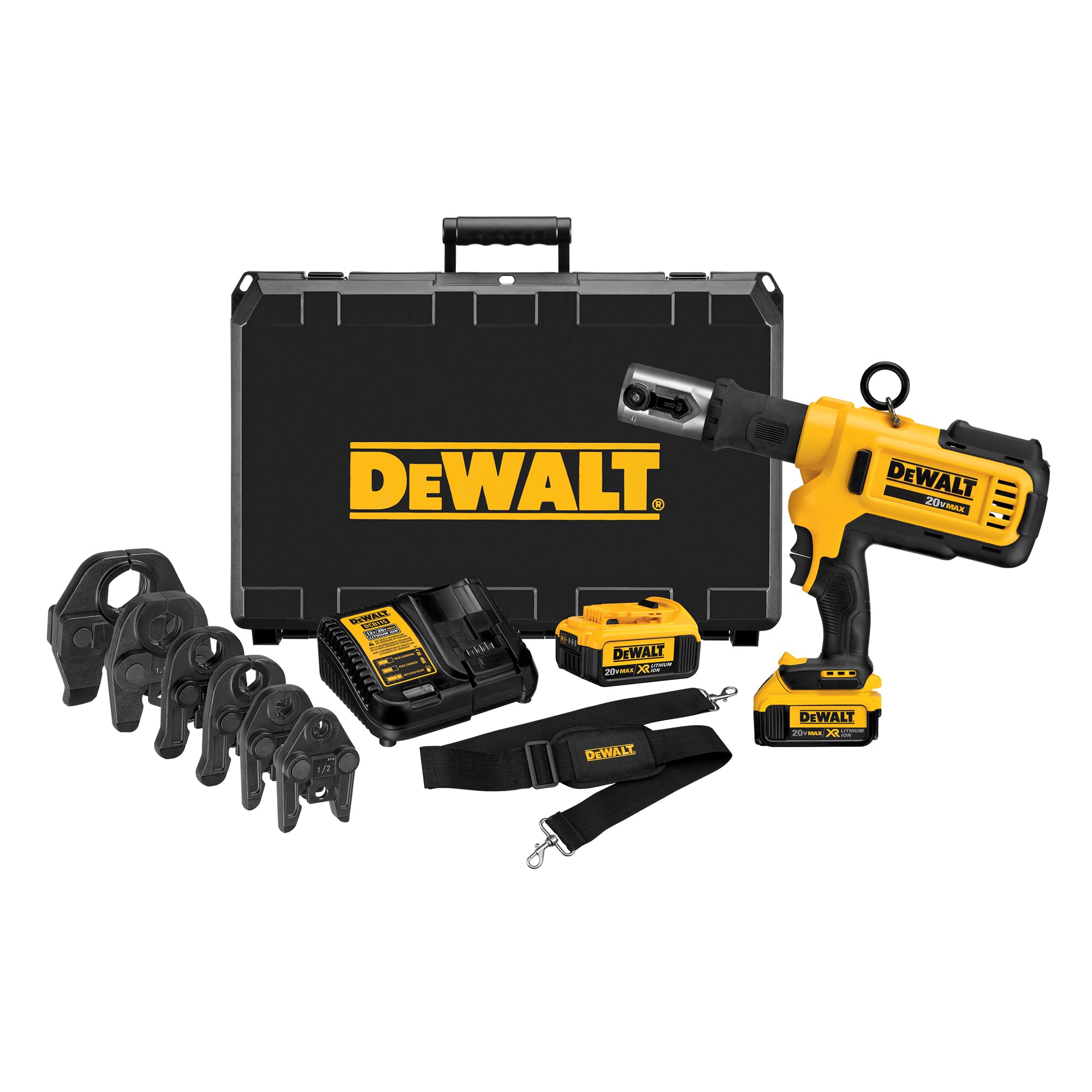 DEWALT 20V MAX Cordless Plumbing Pipe Press Tool Kit with Crimping Heads, Pro Press Tool For Copper Pipe and Stainless Steel Pipes, ½”-1 ¼”, 2 Batteries and Charger Included (DCE200M2K)