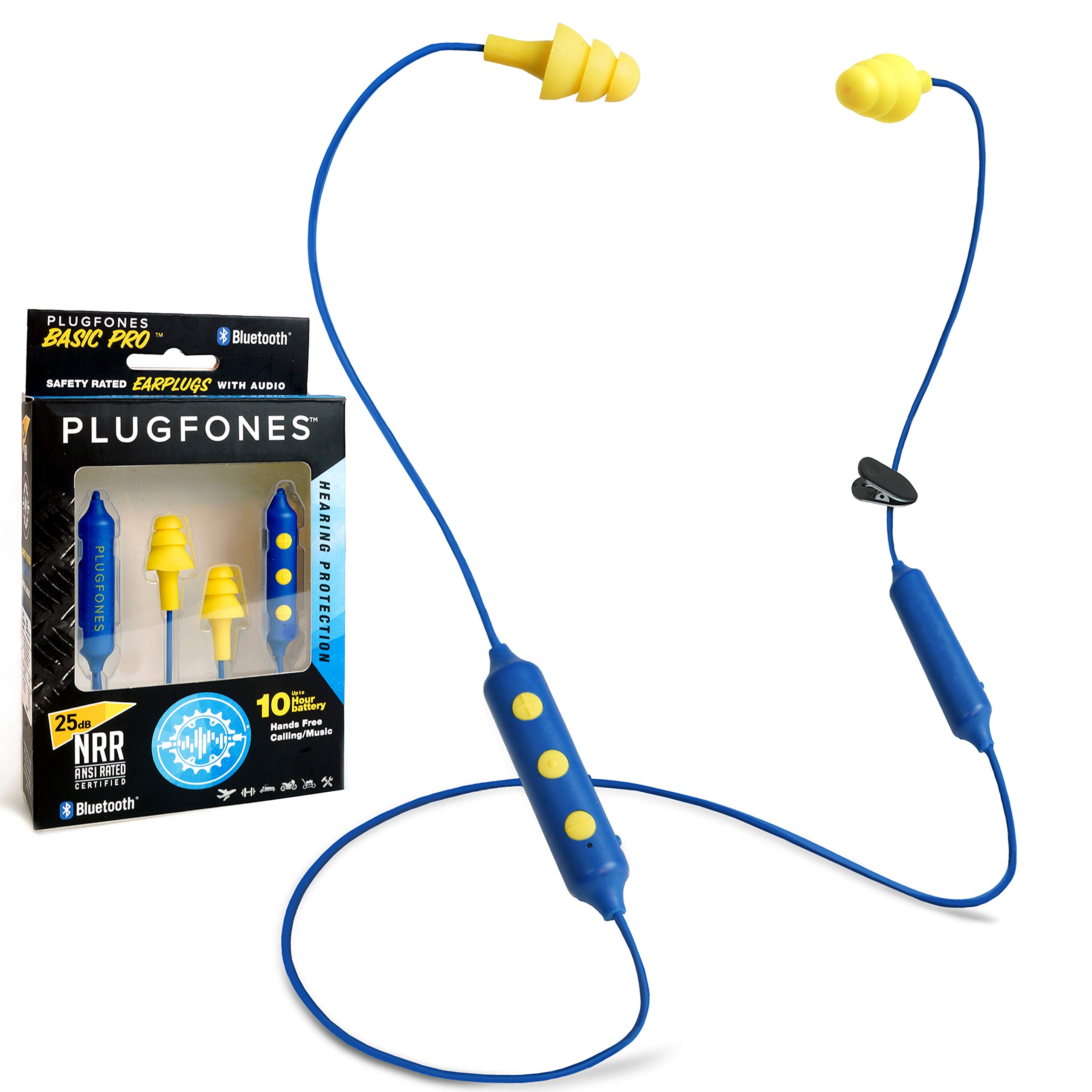 Plugfones Basic Pro Wireless Bluetooth 인이어 이어플러그 이어버드 - 소음 차단 마이크 및 컨트롤이 있는 소음 감소 헤드폰(파란색 및 노란색)