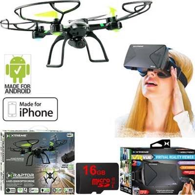 Xtreme Ready-To-Fly 2.4Ghz 6 Axis Gyro Aerial Quadcopter Drone with Camera (05461) 번들 포함 스마트폰용 VR Vue 가상 현실 뷰어 + 16GB MicroSD 메모리 카드