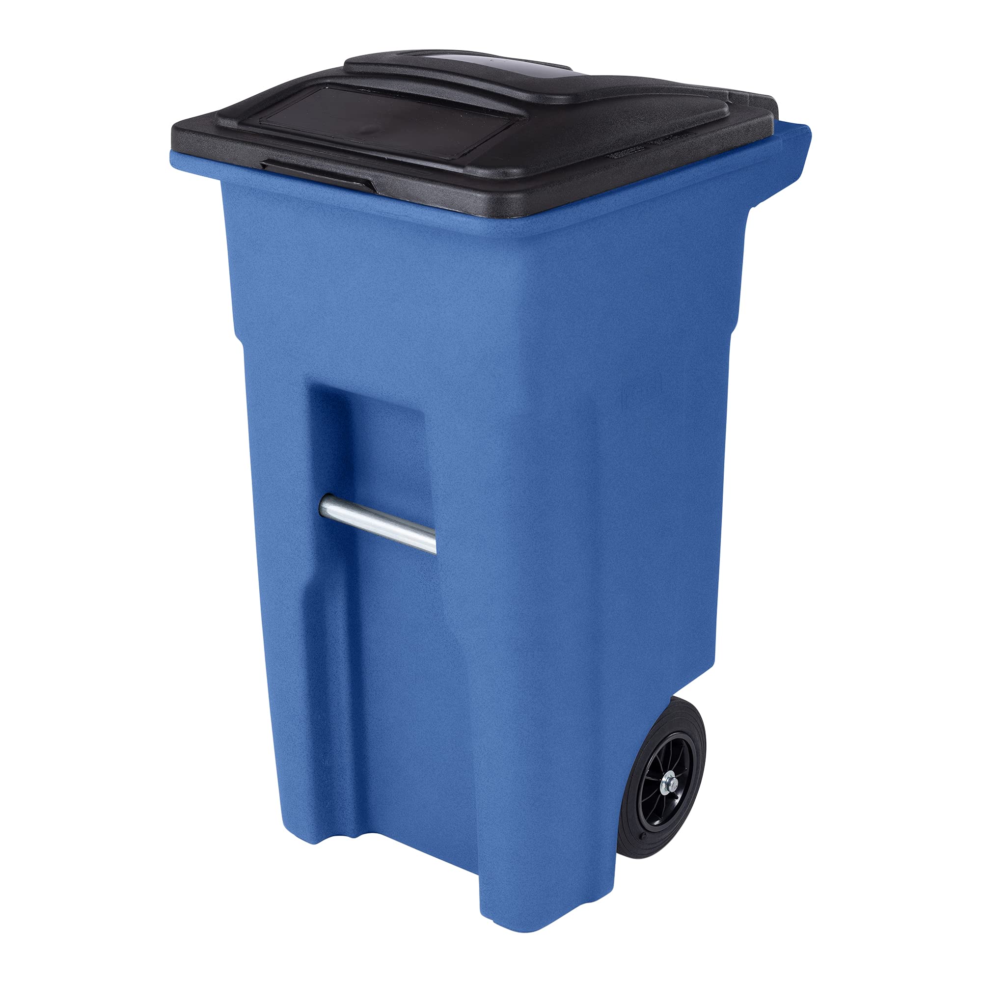 Toter 32갤런. 조용한 바퀴와 부착된 검은색 뚜껑이 있는 파란색 쓰레기통