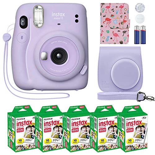 Fujifilm Instax Mini 11 인스턴트 카메라 라일락 퍼플 + 커스텀 케이스 + Fuji Instax 필름 밸류 팩(50장) Fuji instax Mini 11 사진용 Flamingo 디자이너 사진 앨범