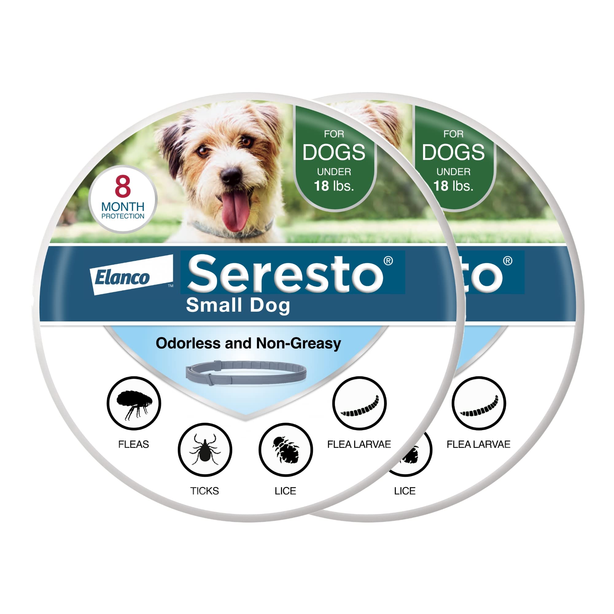 Seresto 소형견 수의사가 권장하는 18파운드 미만의 개를 위한 벼룩 및 진드기 치료 및 예방 목걸이. | 2팩