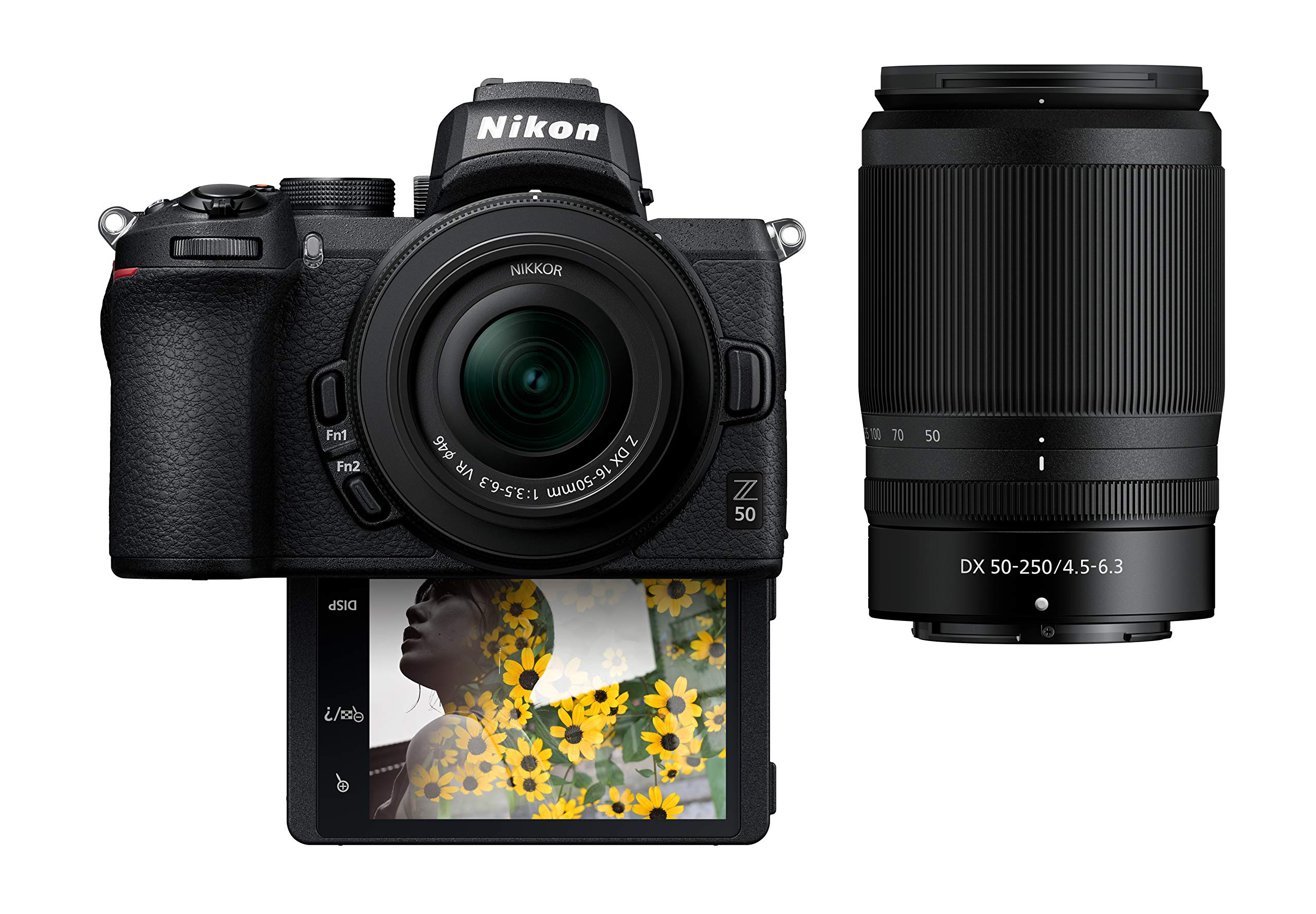 Nikon 플립 언더 '셀카/블로거' LCD 탑재 Z50 소형 미러리스 디지털 카메라 | 2개의 줌 렌즈 키트 포함: NIKKOR Z DX 16-50mm f/3.5-6.3 VR & NIKKOR Z DX 50-250mm F/4.5-6.3 VR