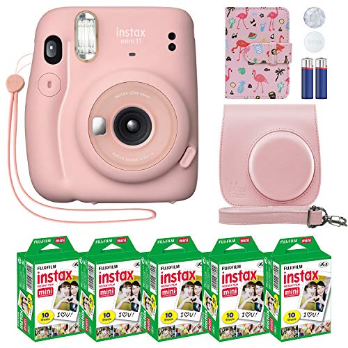 Fujifilm Instax Mini 11 인스턴트 카메라 블러쉬 핑크 + 커스텀 케이스 + Fuji Instax 필름 밸류 팩(50장) Fuji instax Mini 11 사진용 Flamingo 디자이너 사진 앨범