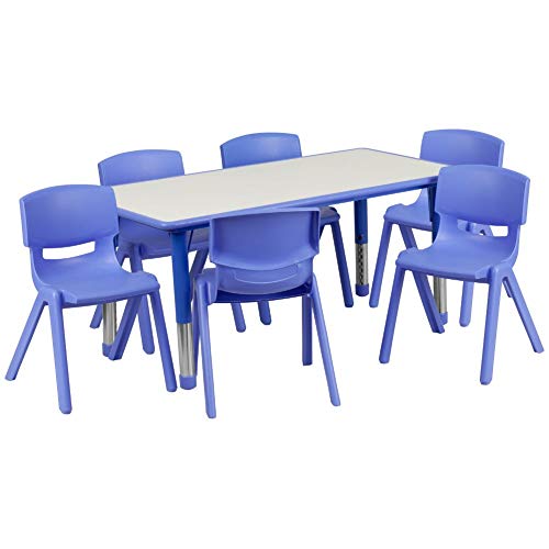 Flash Furniture 23.625''W x 47.25''L 직사각형 파란색 플라스틱 높이 조절 가능한 활동 테이블 세트 6 개의 의자