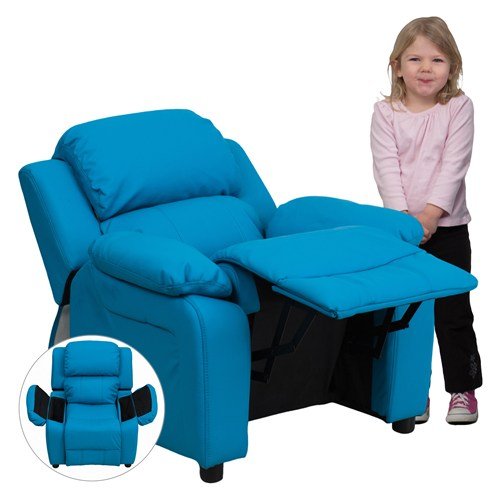 Flash Furniture 수납 암이 있는 디럭스 푹신한 컨템포러리 청록색 비닐 어린이 리클라이너...