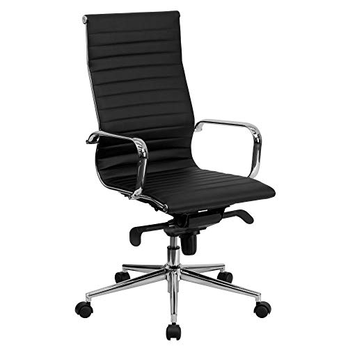 Flash Furniture 무릎 기울기 제어 및 팔이있는 하이 백 블랙 늑골이있는 LeatherSoft 임원 회전 사무실 의자