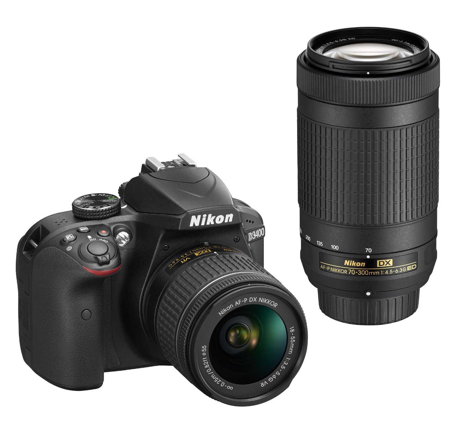 Nikon AF-P DX NIKKOR 18-55mm f / 3.5-5.6G VR 및 AF-P DX NIKKOR 70-300mm f / 4.5-6.3G ED가있는 D3400 DSLR 카메라