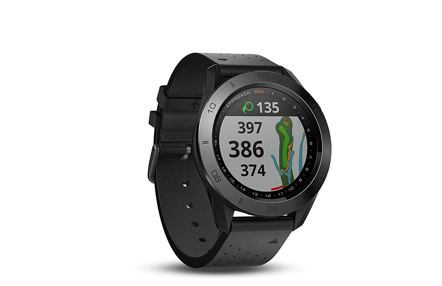 Garmin 블랙 가죽 밴드가 장착 된 Approach S60 프리미엄 GPS 골프 시계