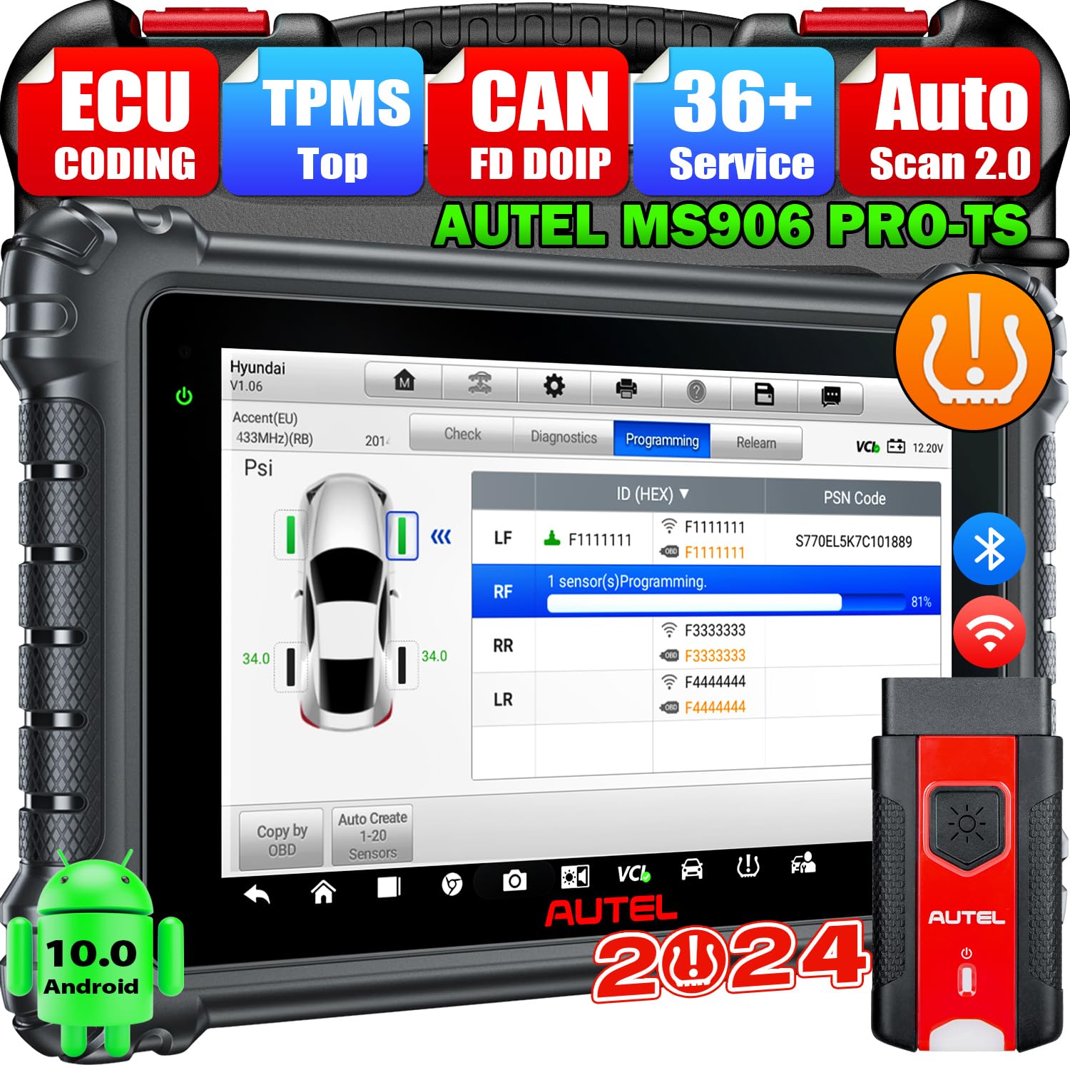 Autel MaxiSYS MS906 PRO-TS, 2024 Up of MS906 Pro MP900TS MP900BT MS906TS MS906BT, Top TPMS Programming, CANFD&DOIP, Pro ECU Coding, 3000+ Active Test, 36+ Service, All Diagnostic, WiFi Print, 4G+128G