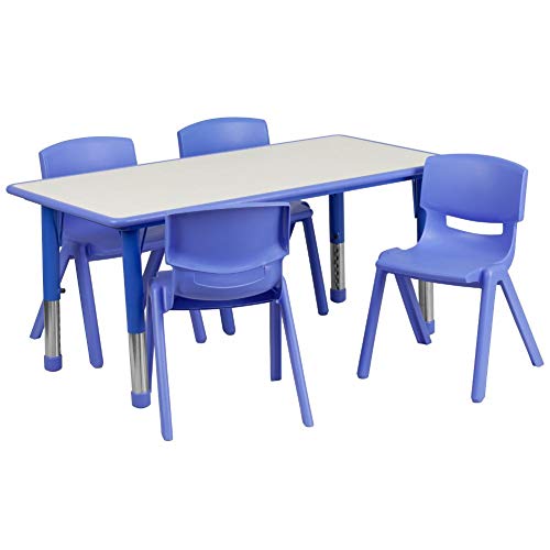 Flash Furniture 23.625''W x 47.25''L 직사각형 파란색 플라스틱 높이 조절 가능한 활동 테이블 세트 4 개의 의자