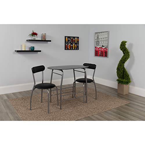Flash Furniture 검은색 유리 상판과 검은색 비닐 패딩 의자가 있는 Sutton 3피스 공간 절약형 비스트로 세트