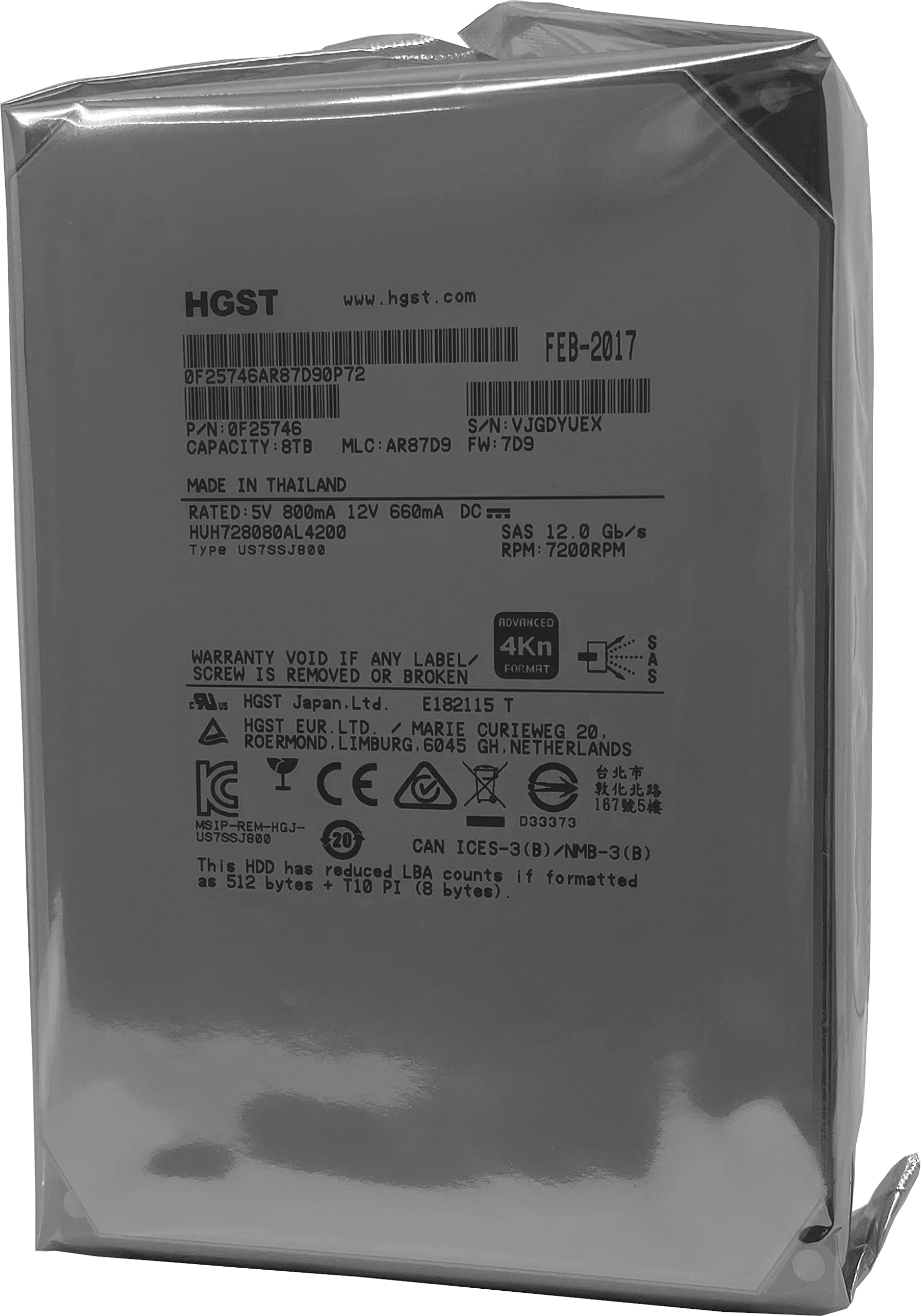 HGST HUH728080AL4200 3.5' 8TB SAS 12Gb/s 7.2K RPM 128M 0F23651 4Kn ISE 기업 하드드라이브