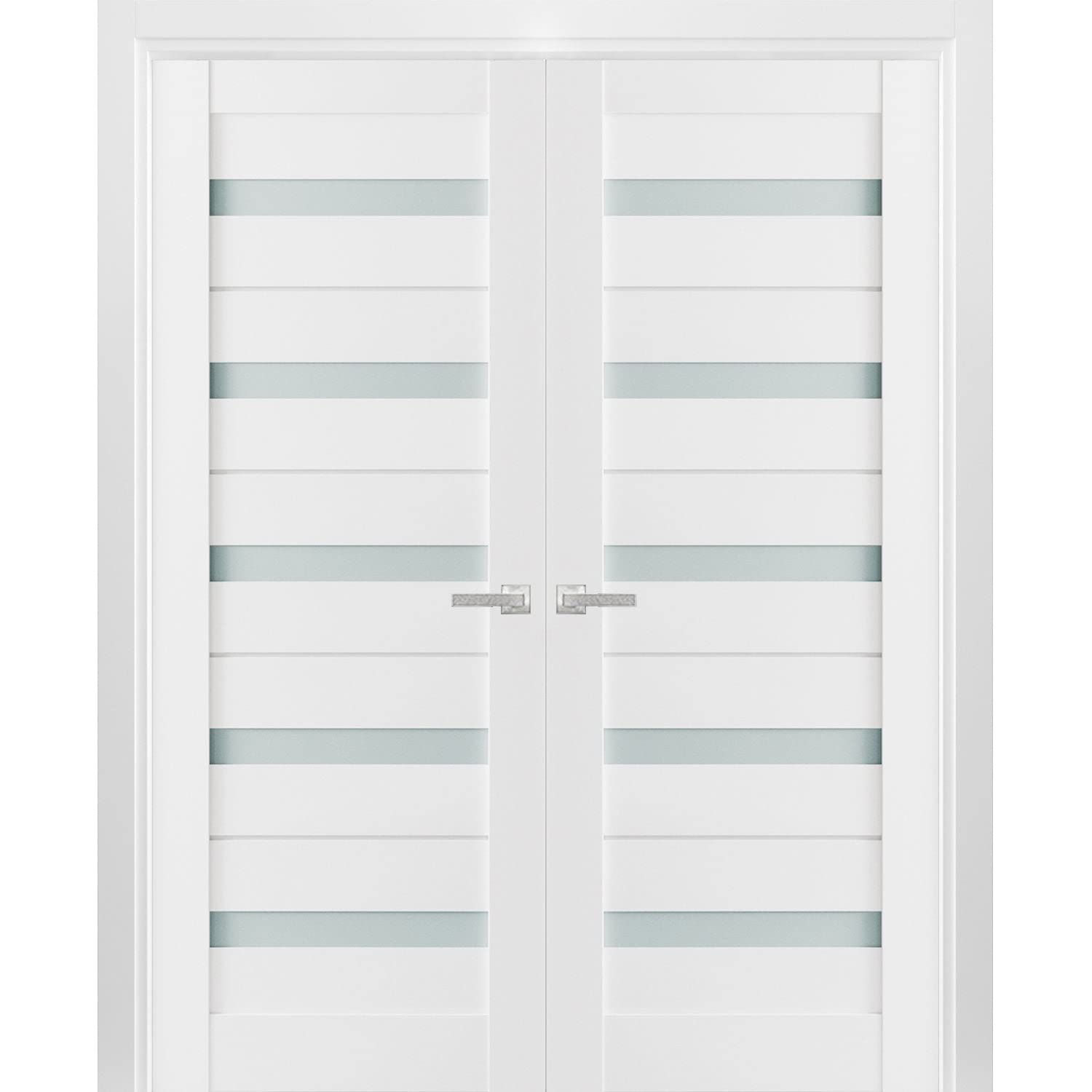 SARTODOORS Solid French Double Doors Frosted Glass | Quadro 4445 White Silk | Wood Solid Panel Frame Trims | Closet Bedroom Sturdy Doors