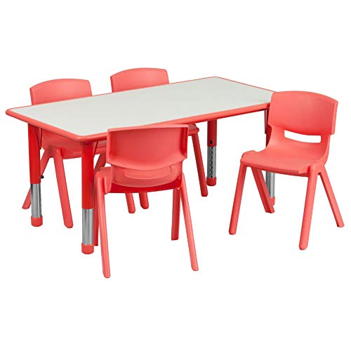 Flash Furniture 23.625''W x 47.25''L 직사각형 빨간색 플라스틱 높이 조절 가능한 활동 테이블 세트 4 개의 의자