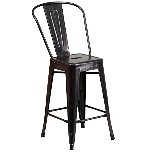 Flash Furniture 상업 학년 4 팩 24 '고 블랙 앤티크 골드 메탈 실내-실외 카운터 높이 의자 (탈착식 등 포함)
