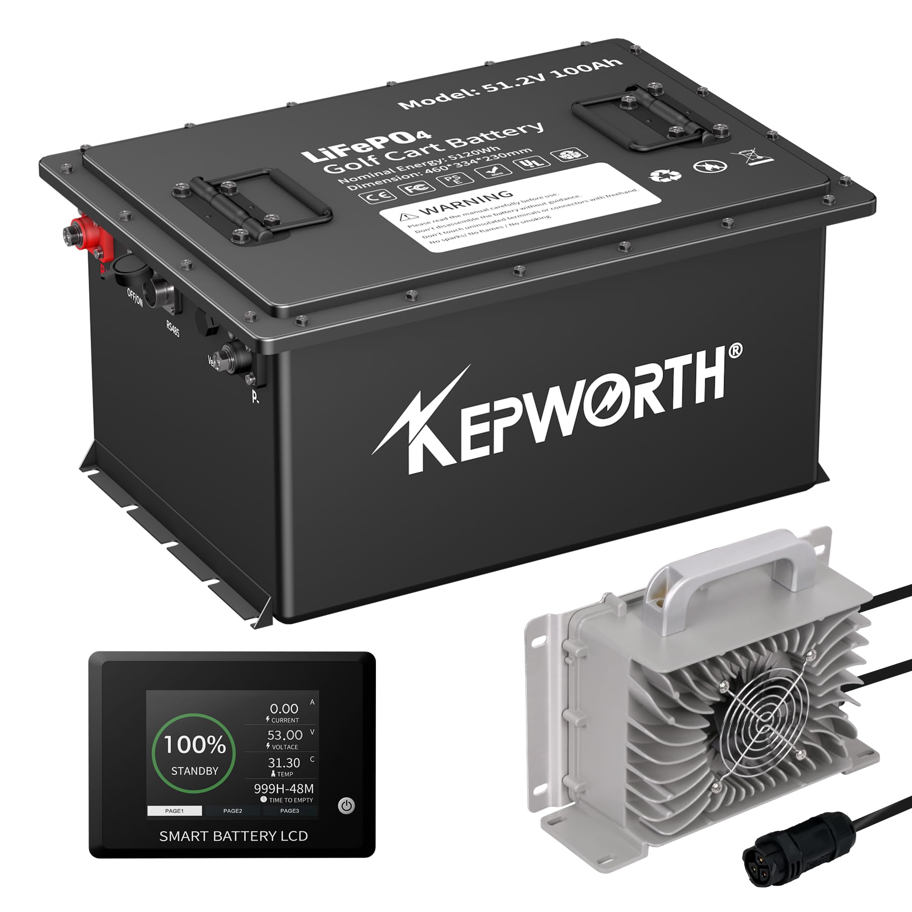 KEPWORTH 48V 100Ah Lithium Battery for Golf Cart, LiFePO4 Batteries with 150A BMS, 4000+ Rechargeable Deep Cycle, Grade A Lithium Iron Phosphate Cells, with A Smart Battery Monitor & 20A Charger