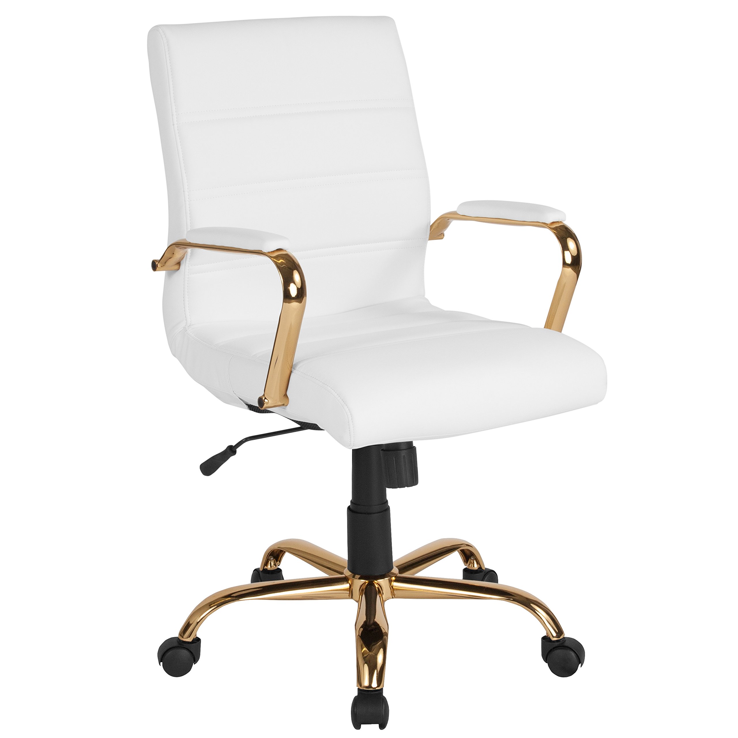 Flash Furniture Whitney Mid-Back Desk Chair - White LeatherSoft Executive Swivel Office Chair with Gold Frame - 회전 암체어