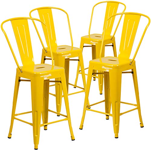 Flash Furniture 상업 급료 4 팩 24 '이동할 수있는 뒤를 가진 높은 노란 금속 실내 옥외 카운터 고도 의자