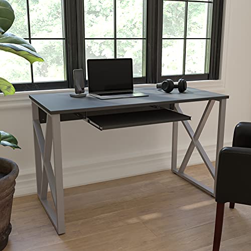 Flash Furniture 풀아웃 키보드 트레이 및 크로스 브레이스 프레임이 있는 검은색 컴퓨터 책상