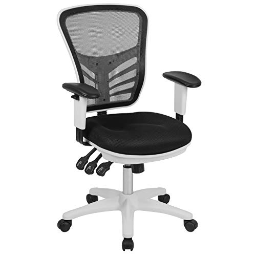 Flash Furniture 조정 가능한 팔과 흰색 프레임이있는 미드 백 블랙 메쉬 다기능 이그제큐티브 회전 인체 공학적 사무실 의자