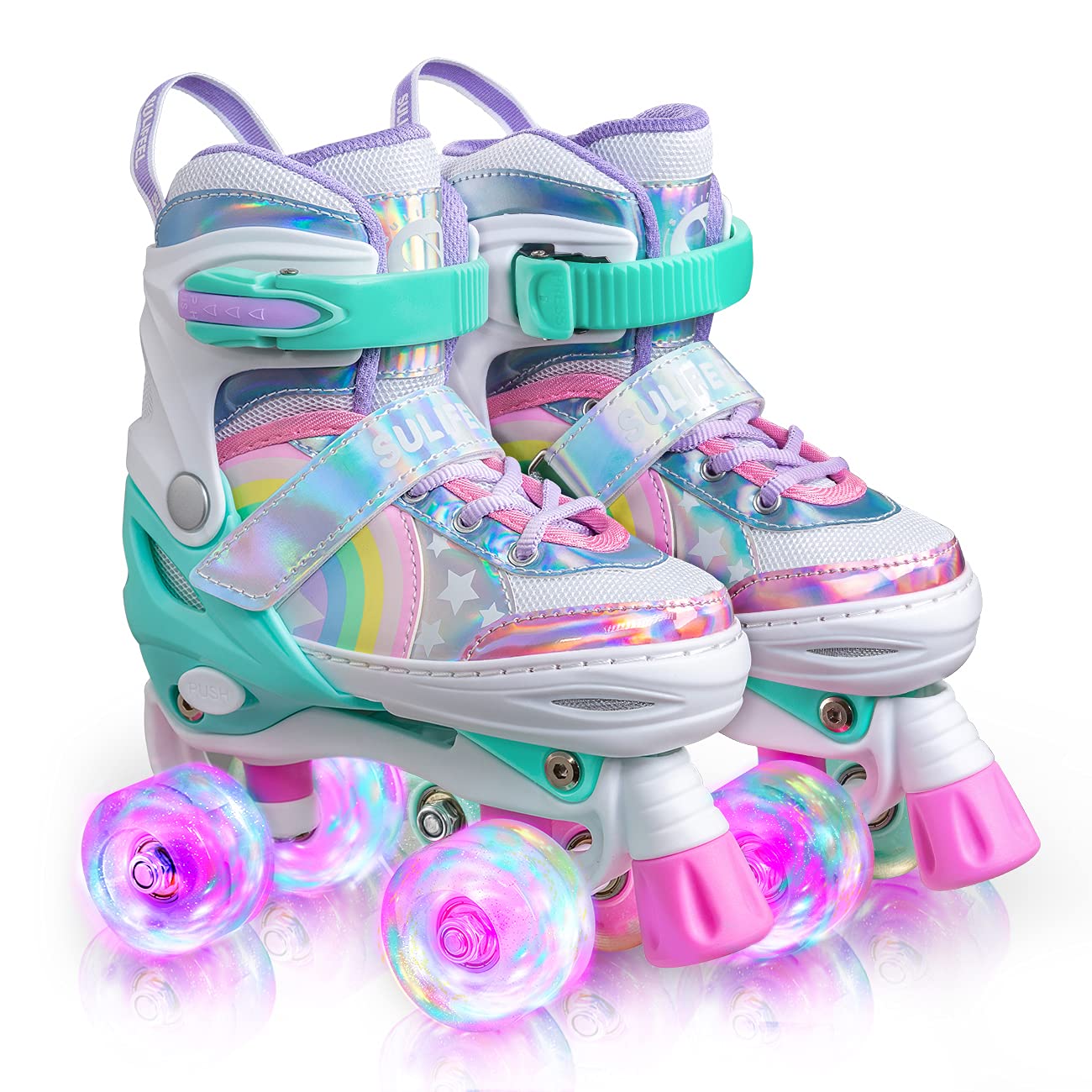 SULIFEEL 레인보우 유니콘 4 크기 조정 가능한 라이트 업 롤러 스케이트 소녀용 소년용 어린이용