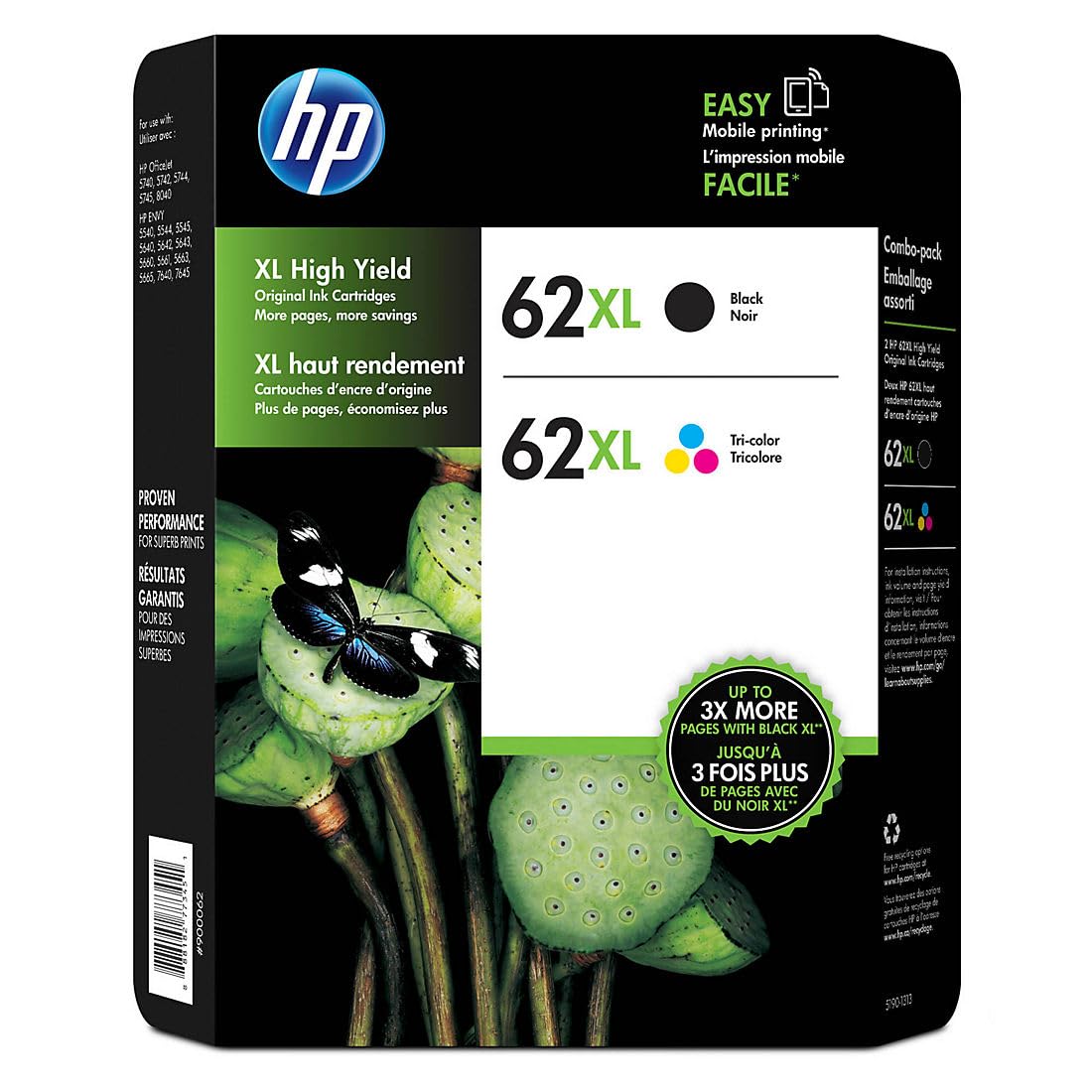 HP 정품 62Xl 대용량 검정 및 대용량 3색 Jetdirect 인쇄 카트리지