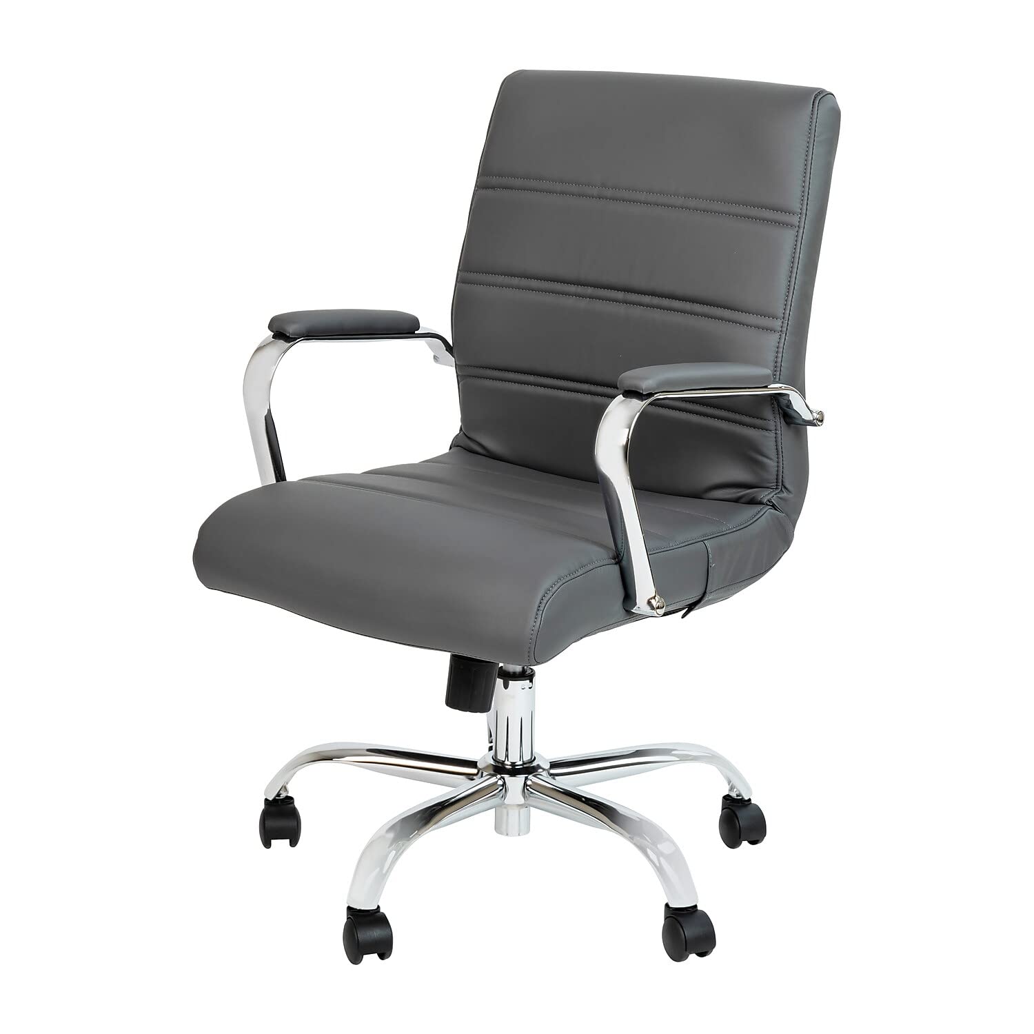 Flash Furniture 등받이 중간 책상 의자 - 크롬 프레임이 있는 회색 LeatherSoft 이그제큐티브 회전식 사무용 의자 - 회전식 팔걸이 의자