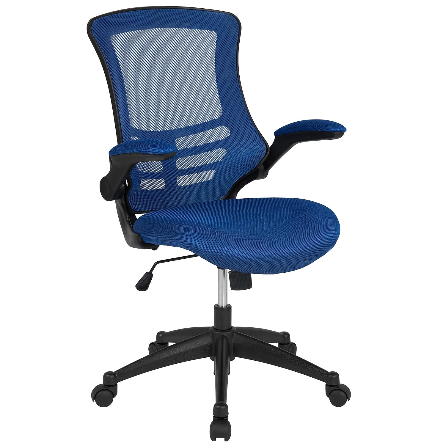 Flash Furniture Kelista 미드백 블루 메쉬 회전식 인체공학적 사무용 사무실 의자(플립업 암 포함)