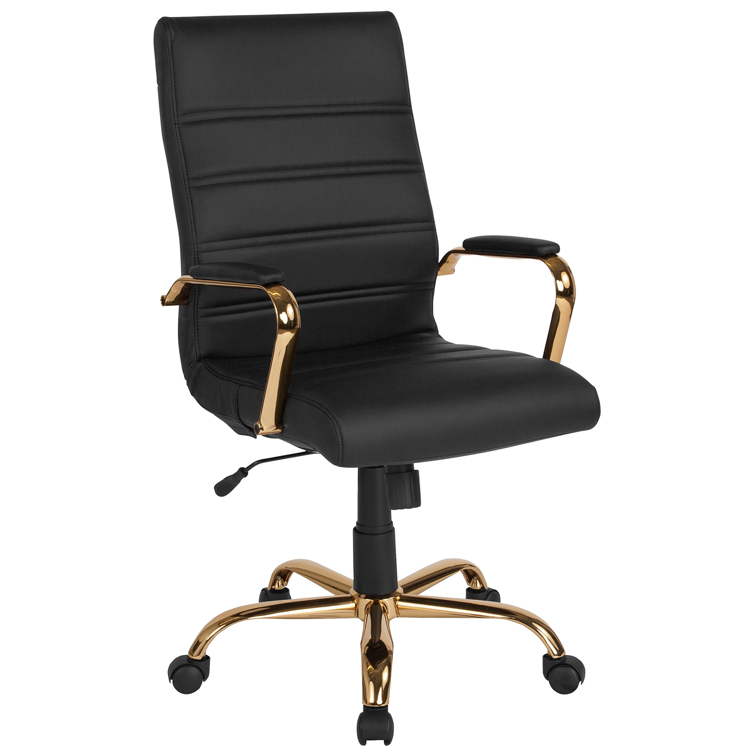 Flash Furniture 높은 등받이 책상 의자 - 골드 프레임이 있는 블랙 LeatherSoft 이그제큐티브 회전식 사무실 의자 - 회전식 암체어