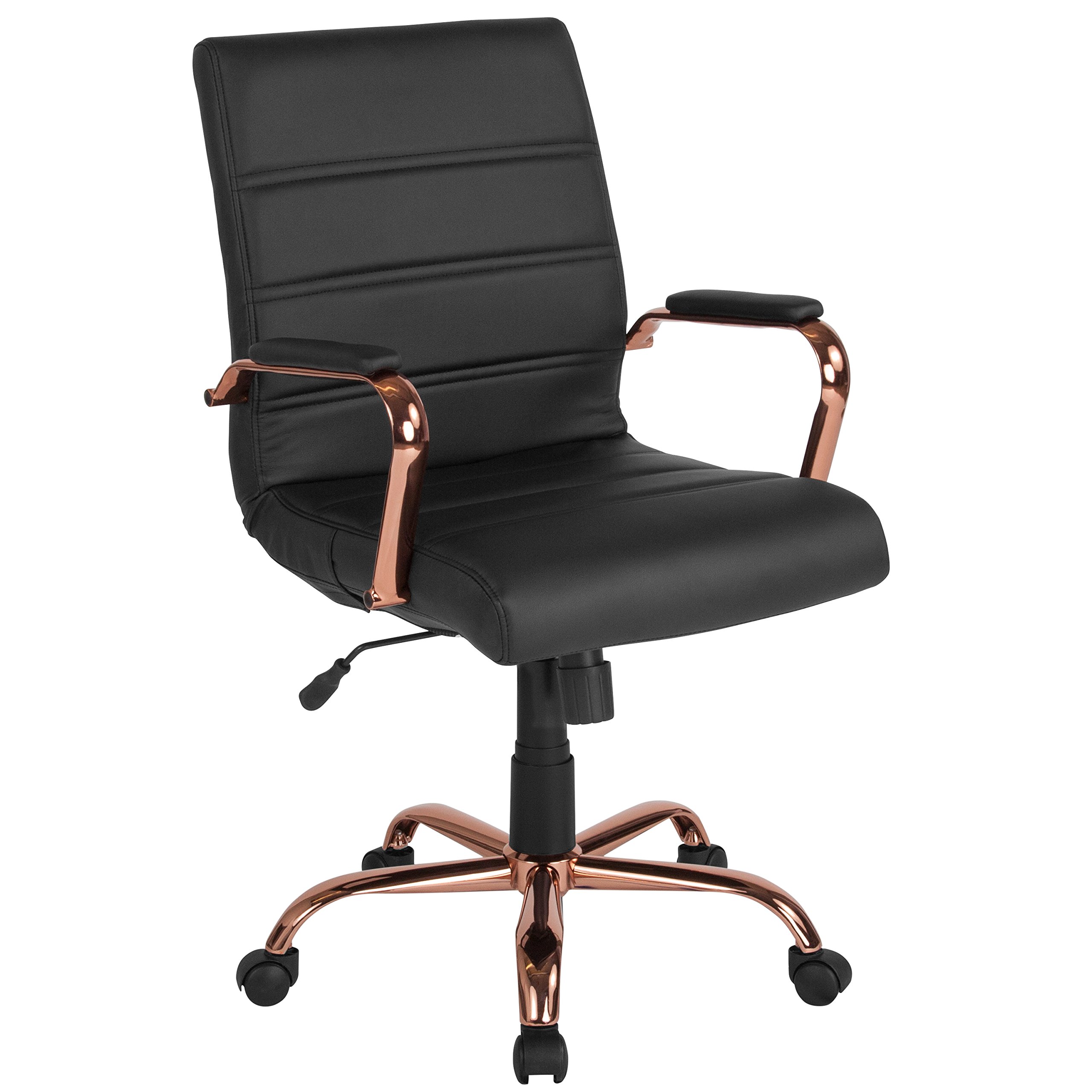 Flash Furniture 미드백 데스크 체어 - 로즈 골드 프레임이 있는 블랙 LeatherSoft 이그제큐티브 회전식 사무용 의자 - 회전 암체어