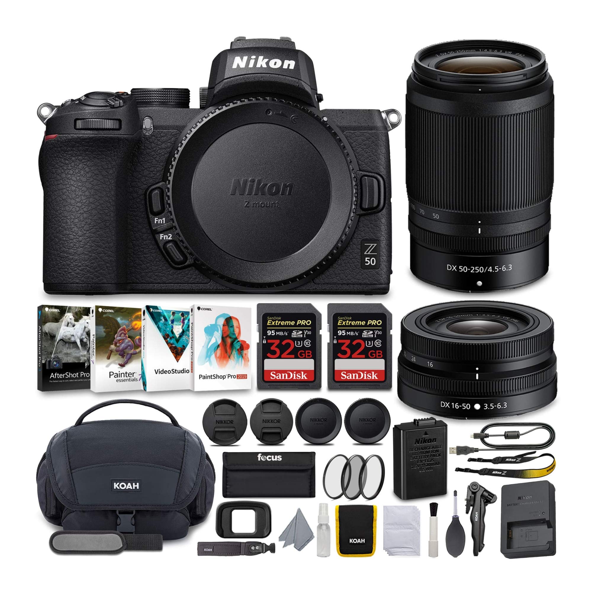 Nikon NIKKOR Z 16-50 및 50-250mm VR 렌즈가 장착된 Z50 미러리스 카메라 및 64GB 카드 키트와 디럭스 액세서리 번들(5개 품목)