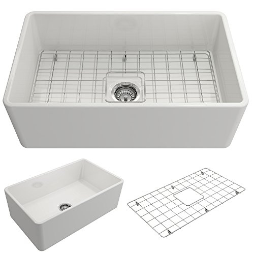 BOCCHI 1138-001-0120 Classico Apron Front Fireclay 30 in. Single Bowl Kitchen Sink with Protection Bottom Grid and Strainer in White