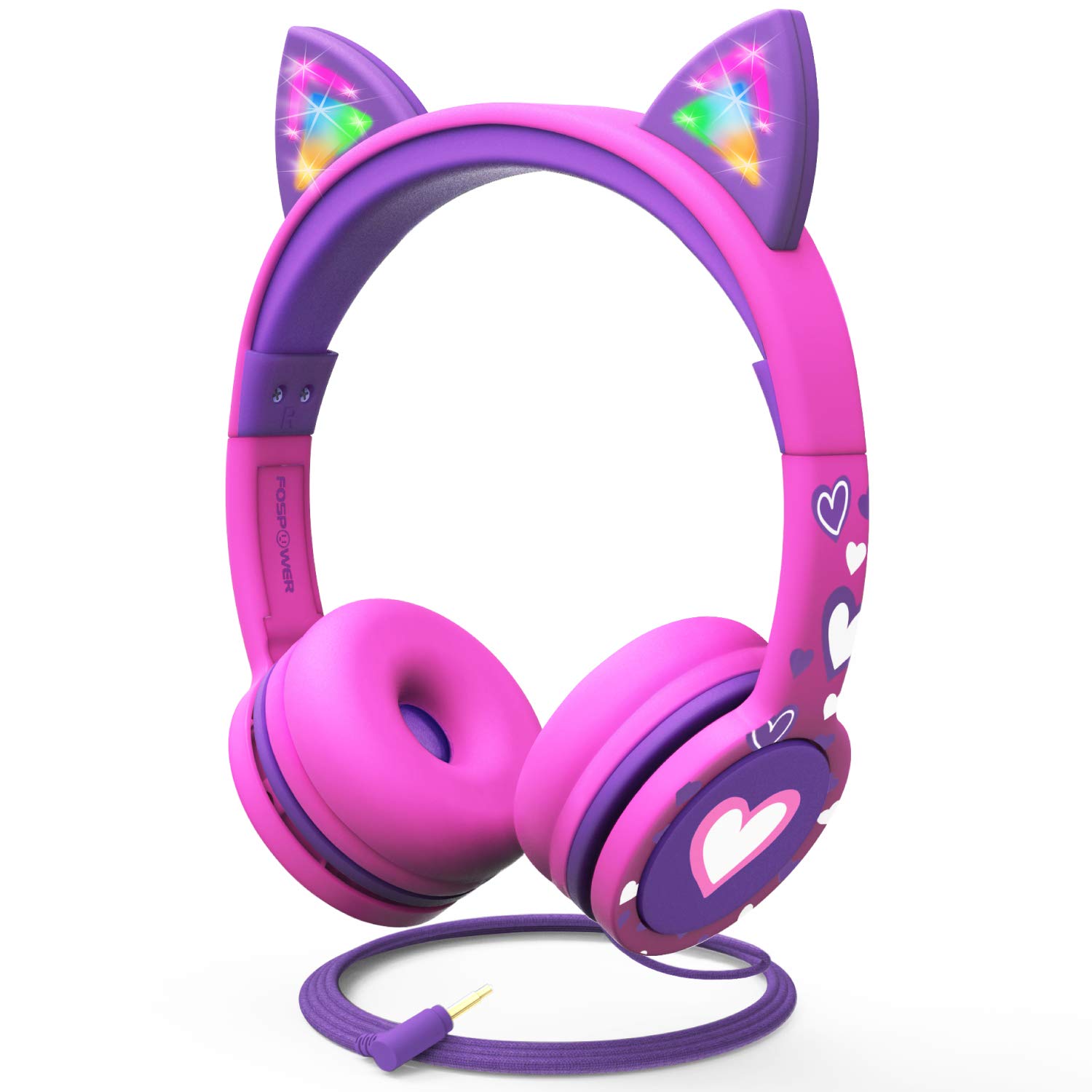 FosPower LED 조명이 있는 어린이용 헤드폰 고양이 귀 3.5mm 온이어 오디오 헤드폰 - 끈으로 묶인 엉킴 방지 케이블(최대 85dB) - 핫 핑크/퍼플
