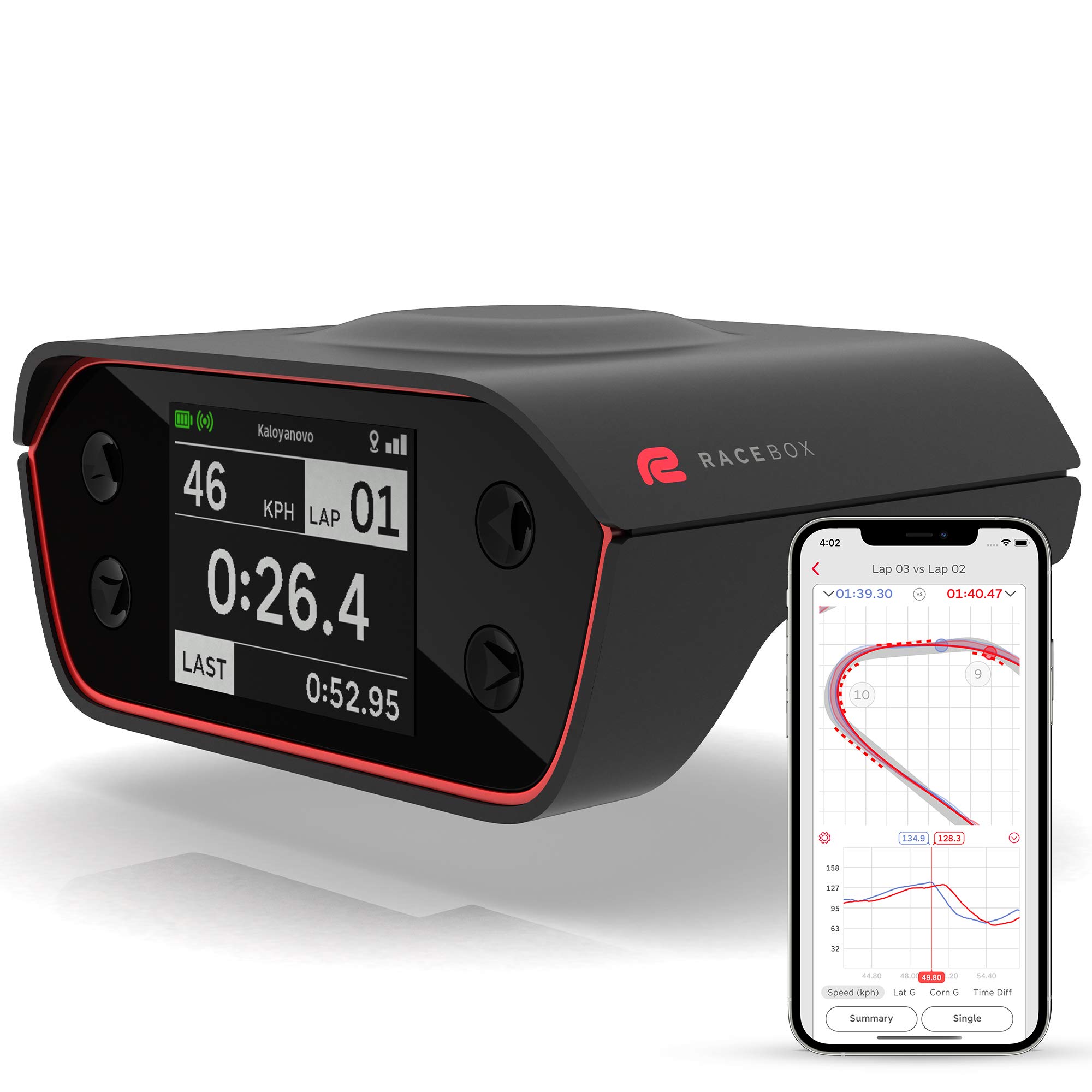 RaceBox 모바일 앱이 있는 10Hz GPS 공식 기반 성능 측정기 박스 - 자동차 랩 타이머 및 드래그 미터 - 레이싱 가속도계 데이터 로거