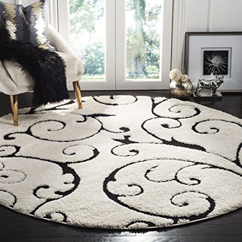 Safavieh Florida Shag Collection SG455-1290 Scrolling Vine Ivory and Black Graceful Swirl Round Area Rug (직경 6'7 ')