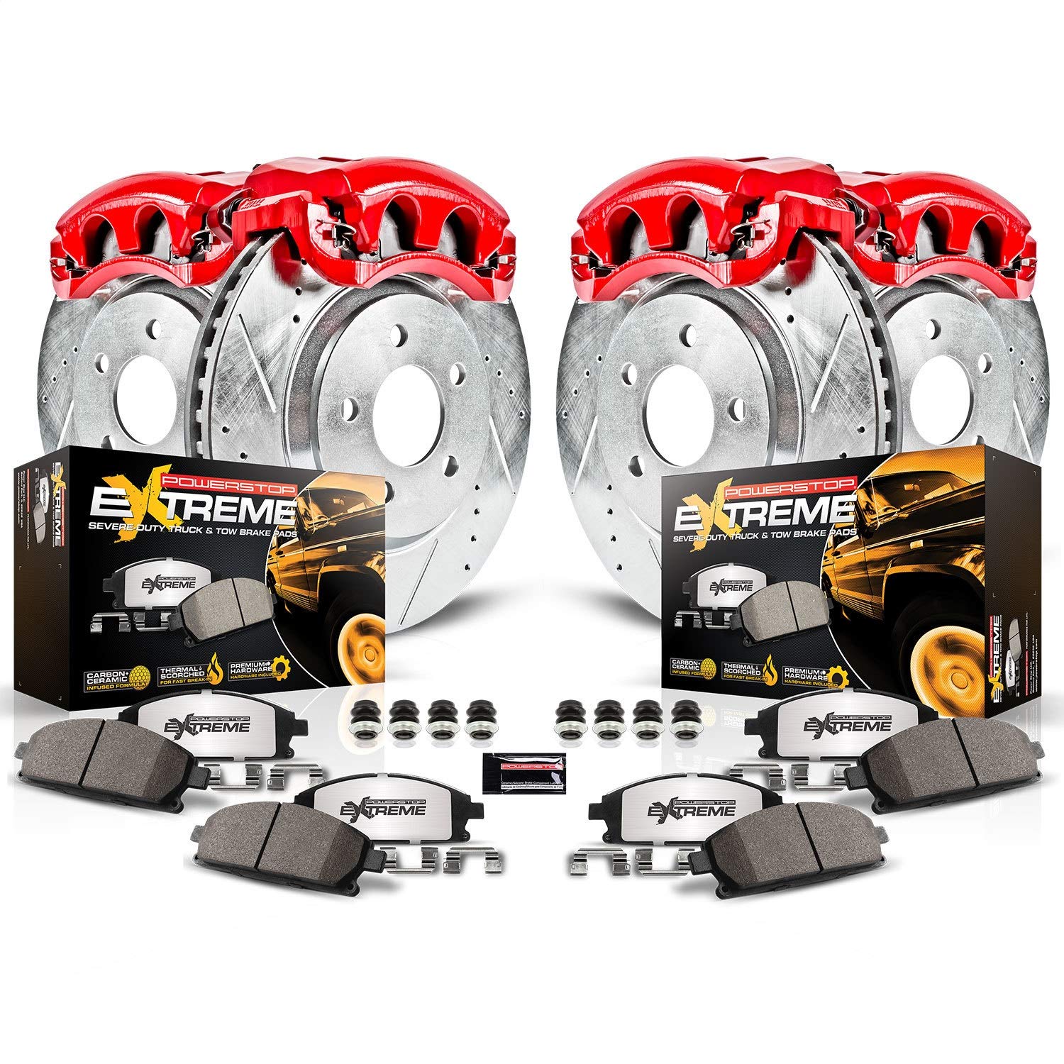 Power Stop Front and Rear KC1782-36 Z36 Truck & Tow Brake Pads and Drilled and Slotted Brake Rotors Brake Kit with Red Powder Coated Calipers For 2005 2006 Ford F250 F350