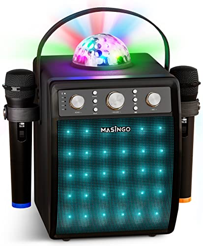 MASINGO 성인과 어린이를 위한 블루투스 가라오케 기계 - 2개의 무선 가라오케 마이크가 포함된 휴대용 노래 장비 세트 - 디스코 볼 및 파티 조명 + TV 케...