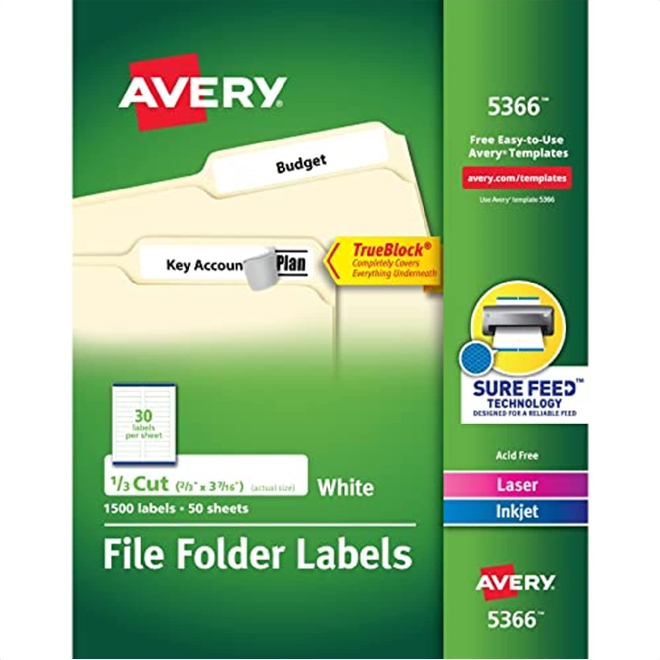 Avery TrueBlock 기술이 적용된 레이저 및 잉크젯 프린터용 파일 폴더 레이블