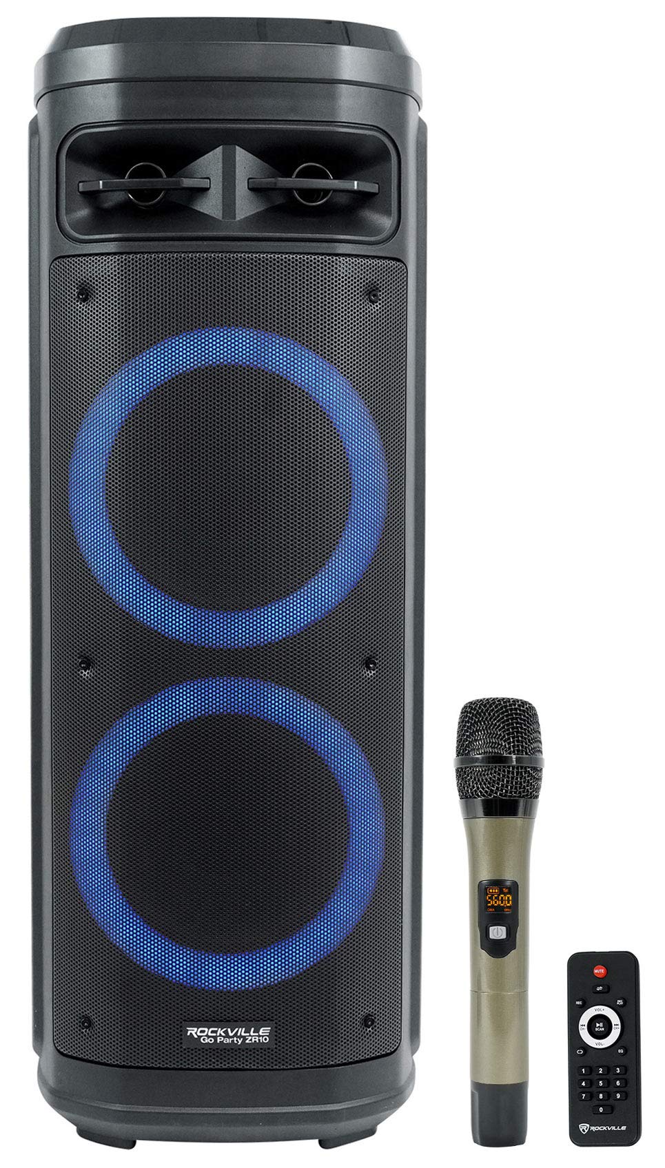 Rockville Go Party ZR10 듀얼 10' 휴대용 무선 LED 블루투스 스피커+UHF 마이크