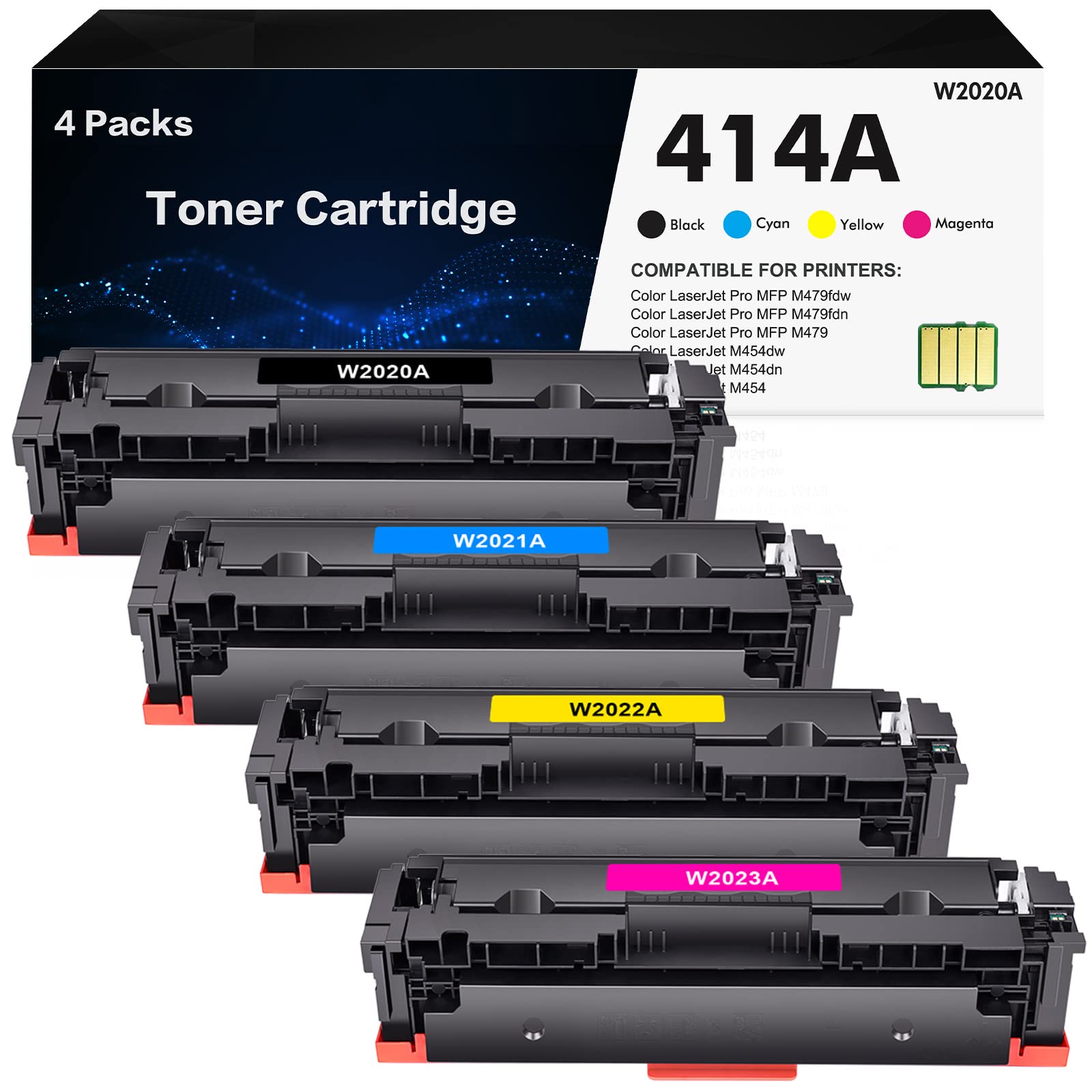 inkalfa 414A 토너 카트리지 4 팩(칩 포함) HP 414A 414X W2020A W2020X 호환 교체 HP Color Pro MFP M479fdw M479fdn M454dw M454dn M479 M454 프린터 토너