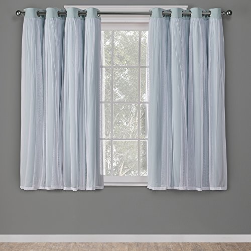 Exclusive Home Curtains 익스클루시브 홈 카타리나 레이어드 솔리드 룸 다크닝 블랙아웃 및 쉬어 그로밋 탑 커튼 패널 페어