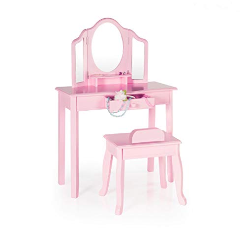 Guidecraft 화장대 및 의자-핑크 : 어린 이용 목재 테이블 및 수납 의자 세트 (거울 3 개 및 화장 서랍 보관함)-아동용 드레스 업 가구